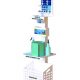 Handy Premier Sani-Stand which can be supplied with; hand sanitiser, paper towels, plastic gloves and disinfectant. The stand also includes an information posters, a shelf for hand sanitiser, a container for plastic gloves, another shelf for paper towels and disinfectant which a waste bin at the bottom.