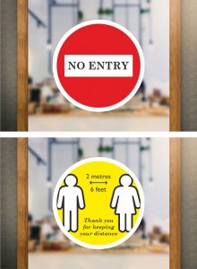 Self Cling Window Stickers | No Entry | 2 Metres (6 Feet). These window stickers are removable and reusable.