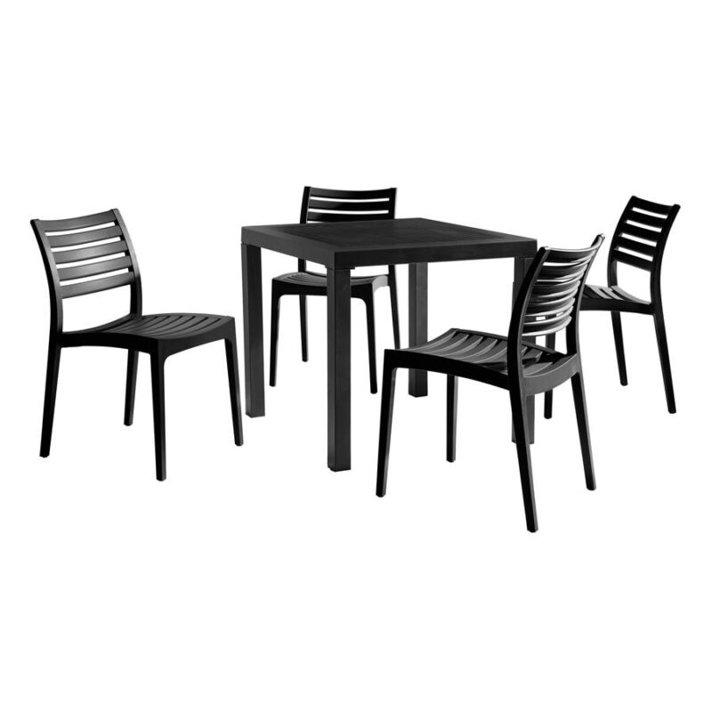 The ARES black dining set is stylishly simple but extremely durable and is designed to stand the test of time. The four side chairs feature a slatted, curved seat and back rest which is comfortable and attractive.