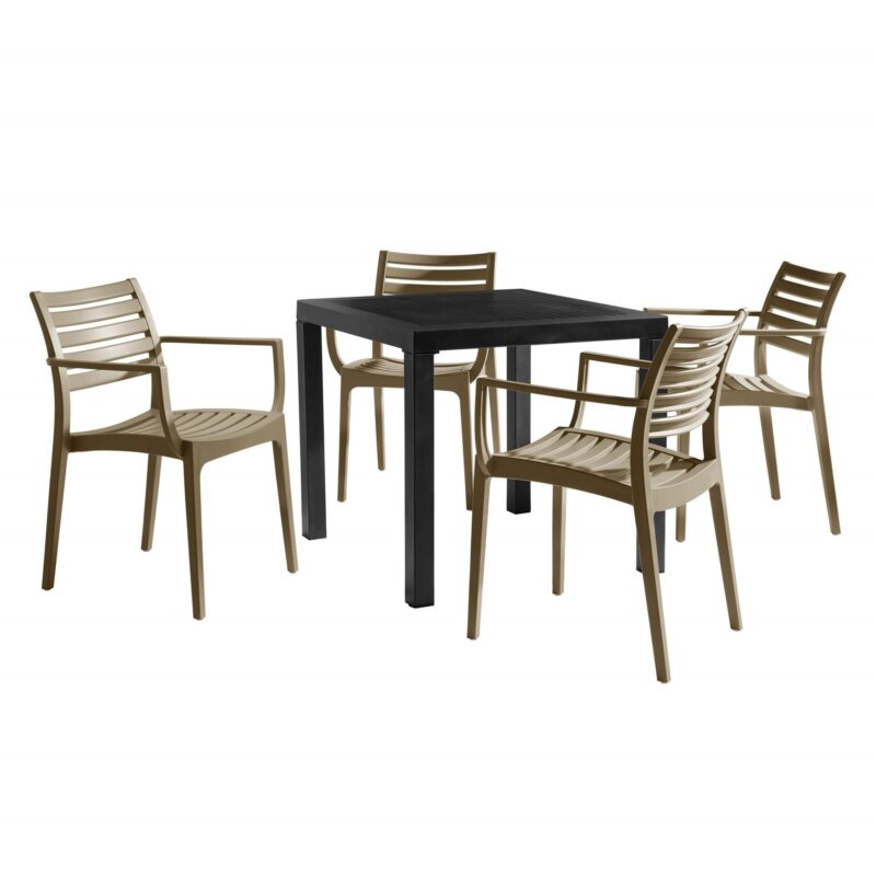 The Artemis dining set is stylishly simple but extremely durable and is designed to stand the test of time. The four armchairs feature a slatted, curved seat and back rest which is comfortable and attractive.