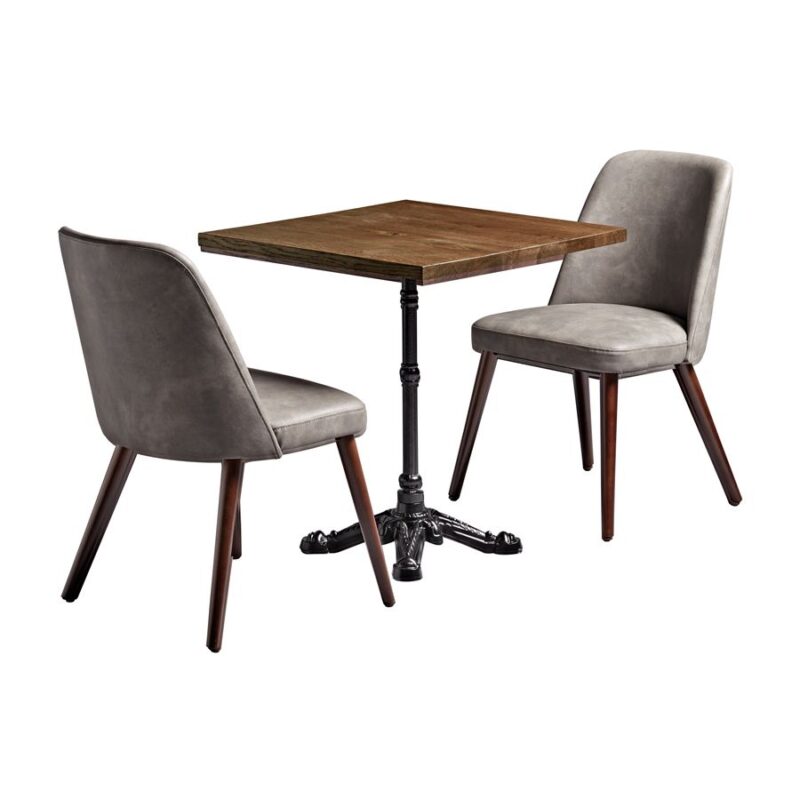 Includes: ZA.1513120C - AZTEC Side chair - Steel Grey Vintage Elegance Faux Leather x 2 ZA.15131200T - Rustic Solid Oak Table Top - Smoked - 70x70cm x 1 ZA.6670TB Nevada - 4 Toe Table Base - Black Aluminium – Dining x 1