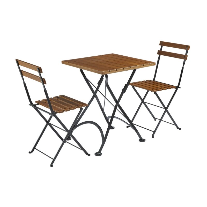 The Cavali set features two chairs and a table that are perfectly suited to areas with limited space. They are made from solid chestnut wood and a black powder-coated steel frame that boasts extreme support and durability. This bistro set is great for indoor and outdoor use and can be folded for easy storage.