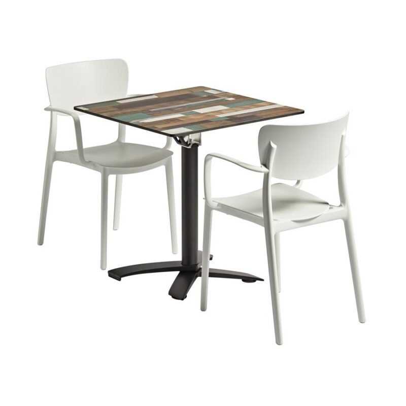 Includes: ZA.15116C - LISA Arm Chair - White x2 ZA.460T - EXTREMA Driftwood Square Dining 69x69cm x1 ZA.432TB - SPACEGUARD Black - Dining Base x1