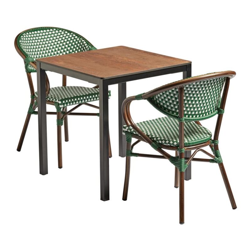 Includes: ZA.1063C - PANDA Arm Chair - Green & White x2 ZA.1326CT - EXTREMA Vintage Copper CT - Dining Square 69 x 69cm x1